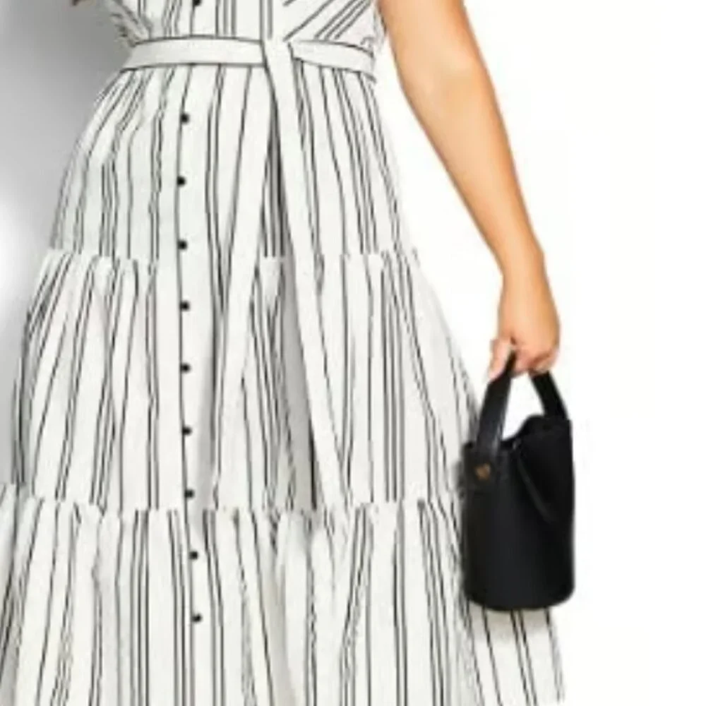 City Chic Black White Striped Sleeveless Tiered Midi Shirt Dress‎ with Belt